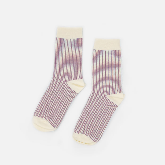 White stockings with lilac check