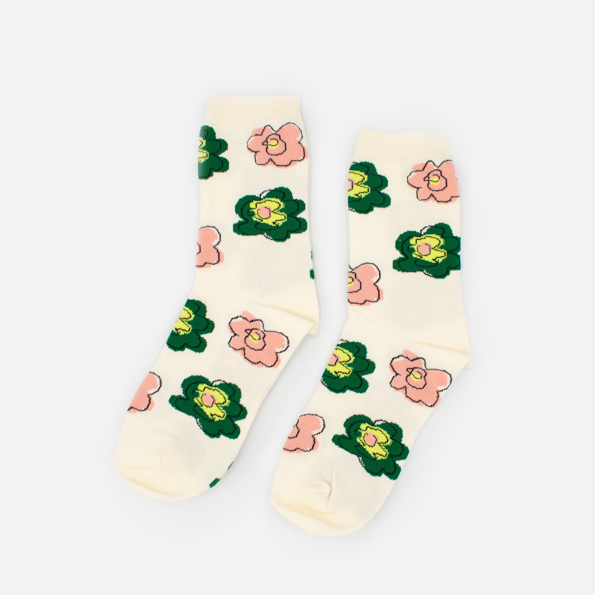 Beige stockings with sketches of pink and green flowers