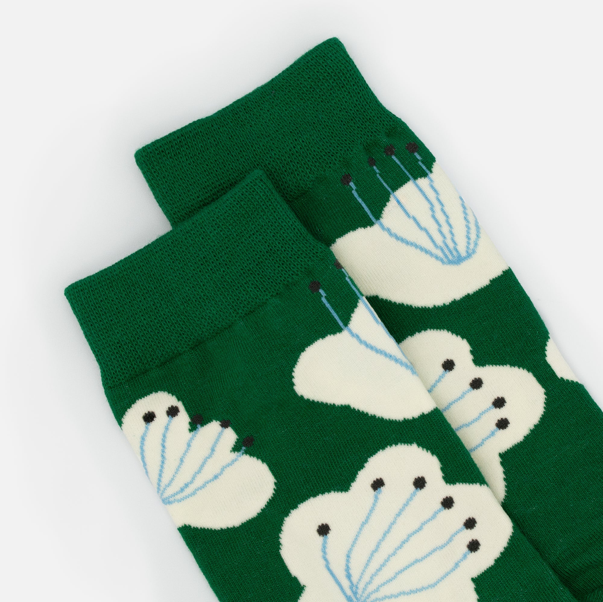 Emerald stockings with white and blue flowers