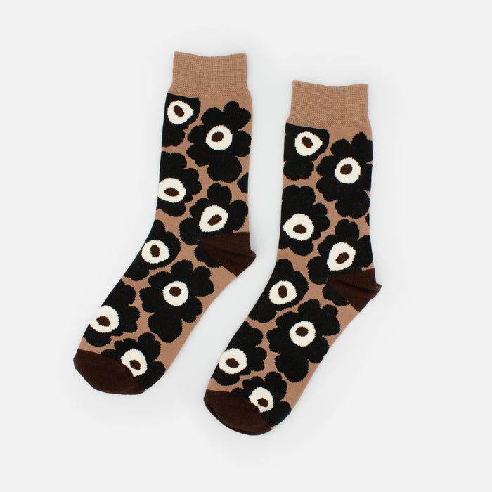Brown stockings with black flower print