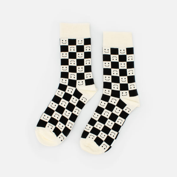 Load image into Gallery viewer, Black and white checkerboard pattern stockings with smiles
