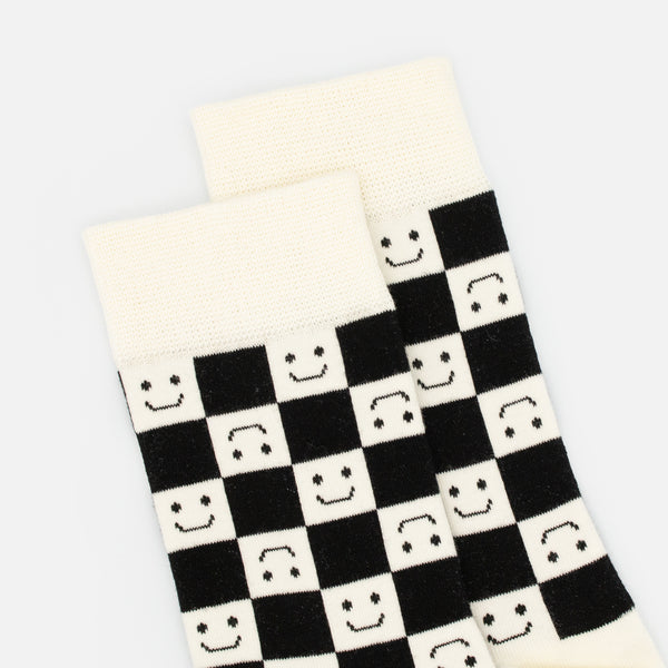 Load image into Gallery viewer, Black and white checkerboard pattern stockings with smiles
