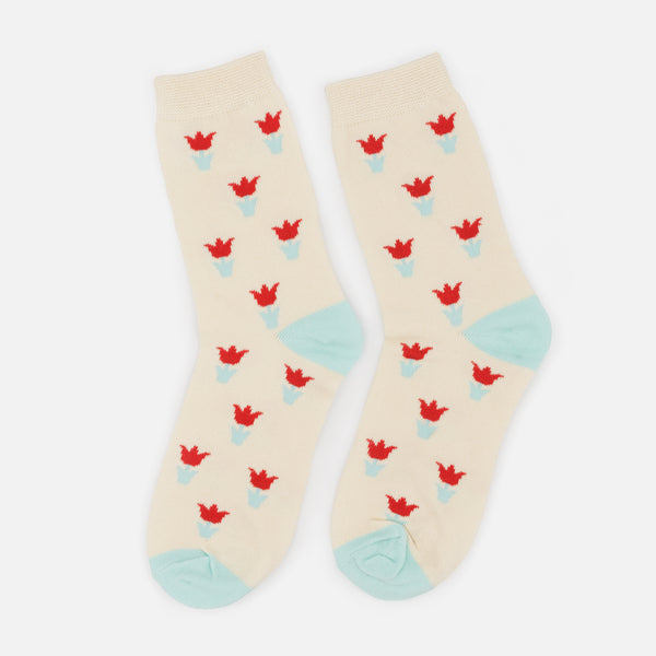 Load image into Gallery viewer, Cream and turquoise stockings with red tulips
