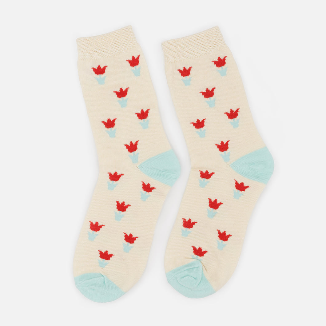 Cream and turquoise stockings with red tulips