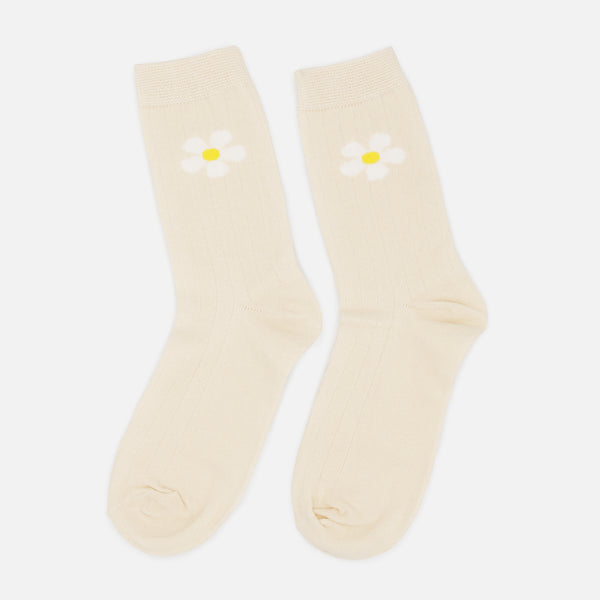 Load image into Gallery viewer, Cream ribbed socks with daisies
