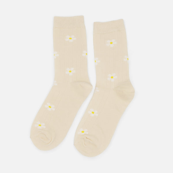 Load image into Gallery viewer, Cream ribbed socks with little daisies

