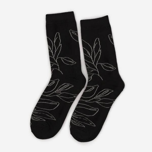 Load image into Gallery viewer, Black stockings with linear floral pattern
