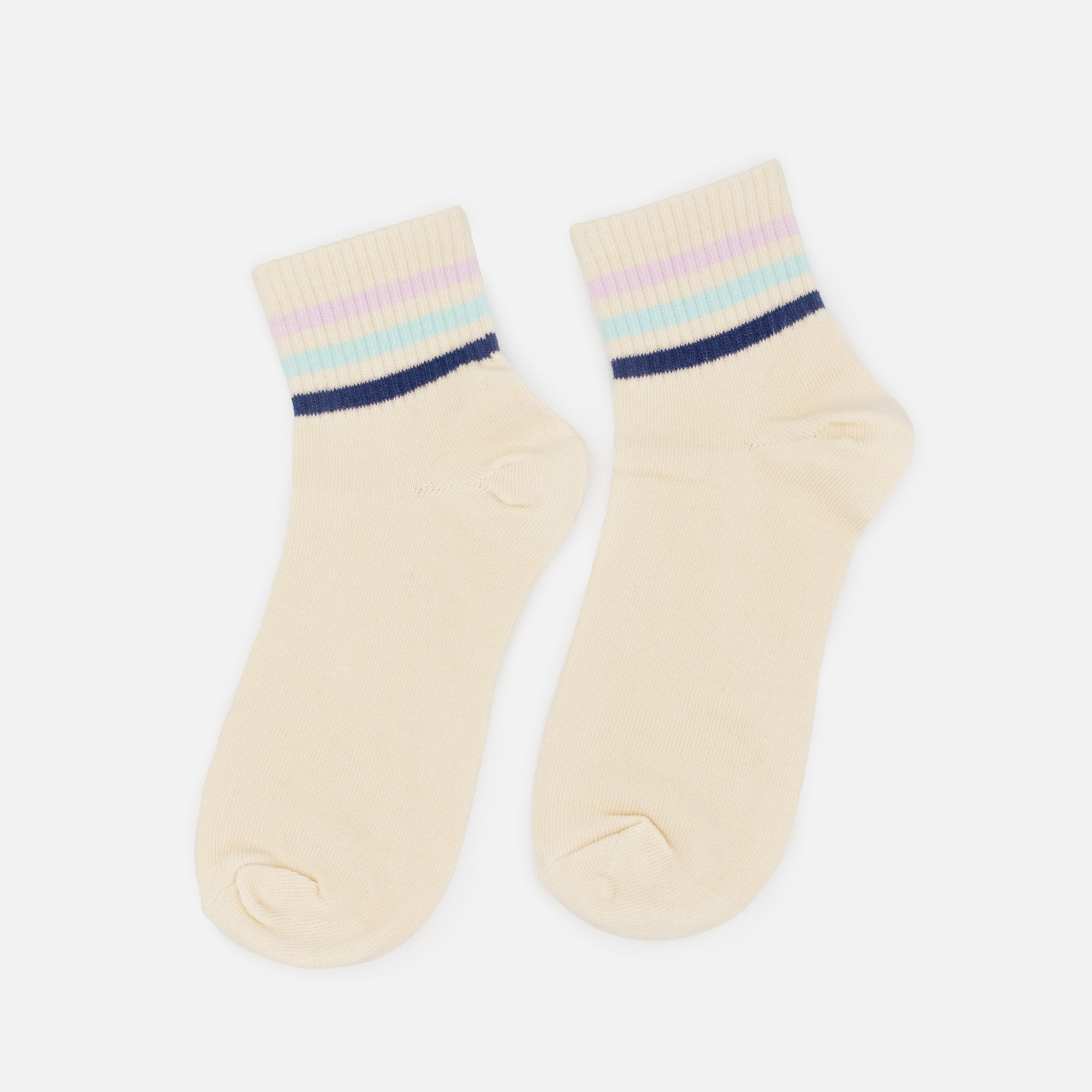 Mid-length cream stockings with multi-colored stripes