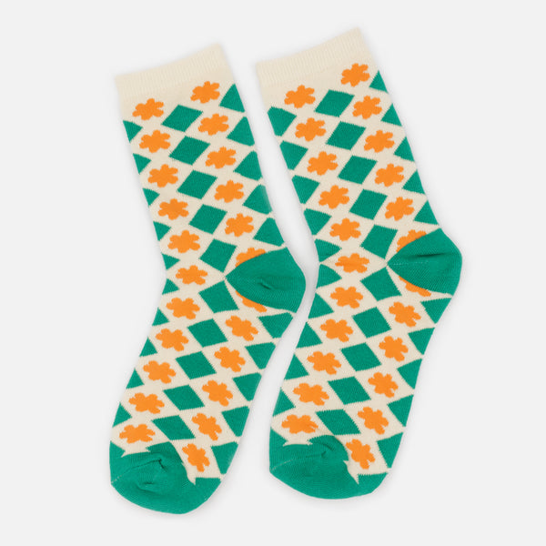 Load image into Gallery viewer, Cream stockings with green diamond patterns and orange flowers
