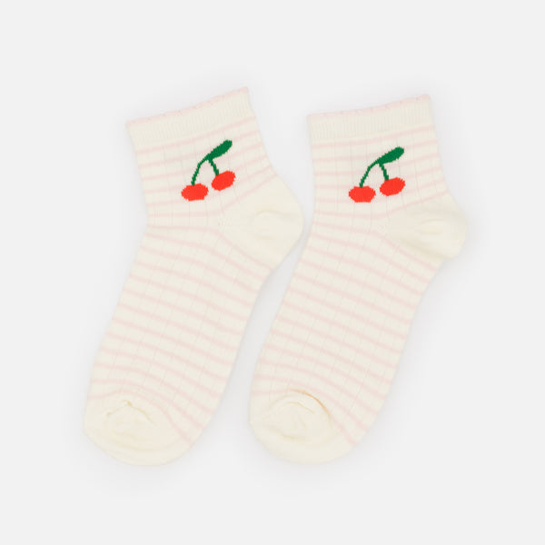 Load image into Gallery viewer, Mid-length cream stockings with pale pink stripes and cherry print
