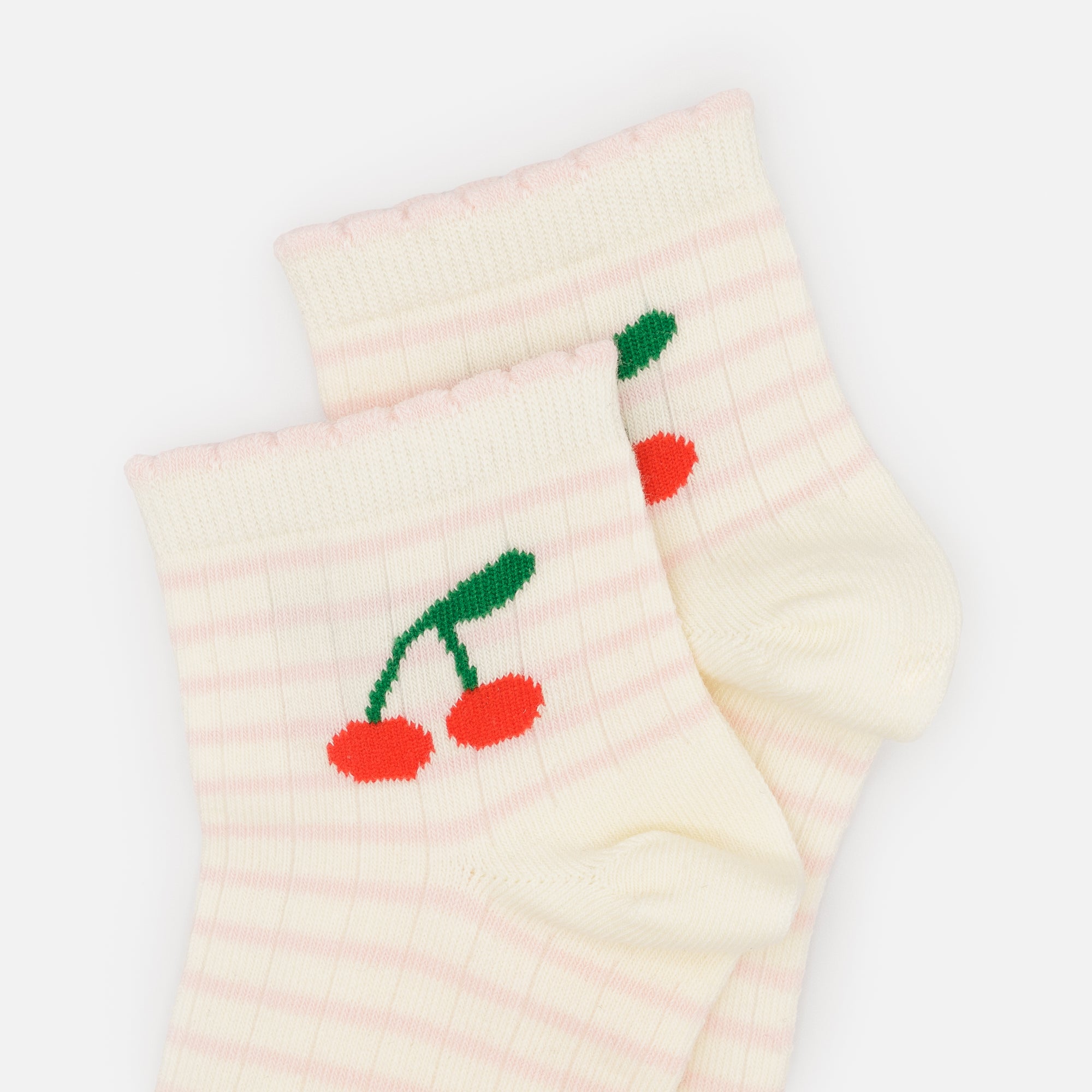 Mid-length cream stockings with pale pink stripes and cherry print