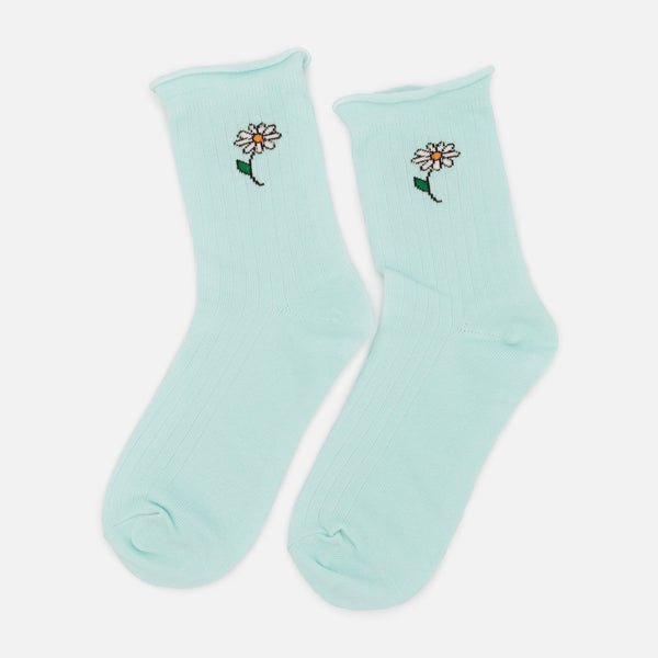 Load image into Gallery viewer, Turquoise ribbed stockings with daisies on stem
