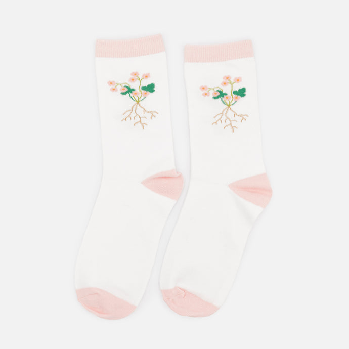 Bas blancs et rose pâle avec racines de fleurs