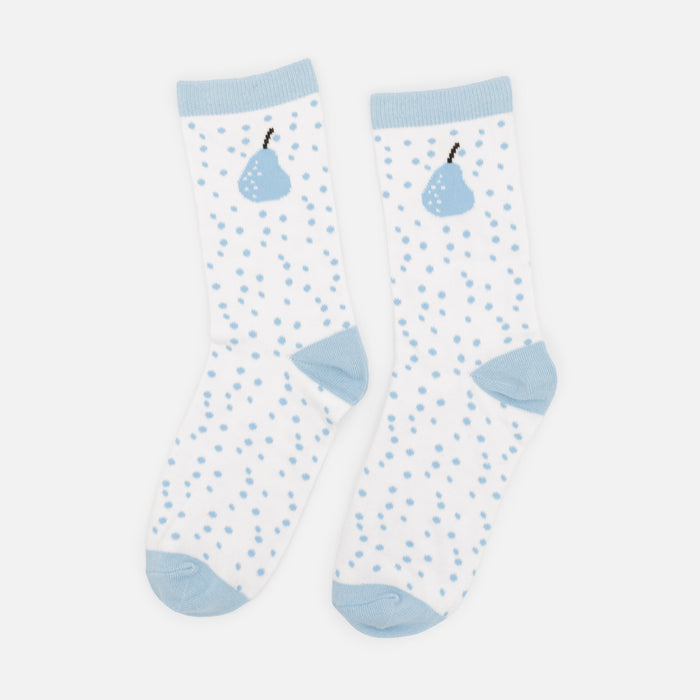 Bas blancs avec poire bleue et pois