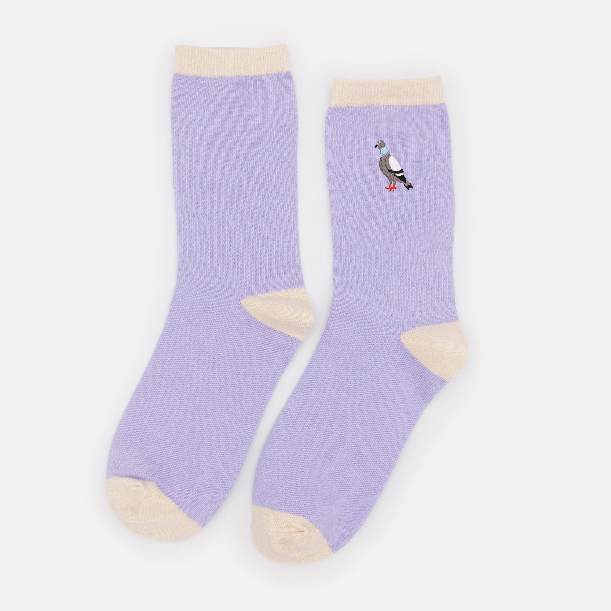 Bas lilas & beiges avec broderie pigeon