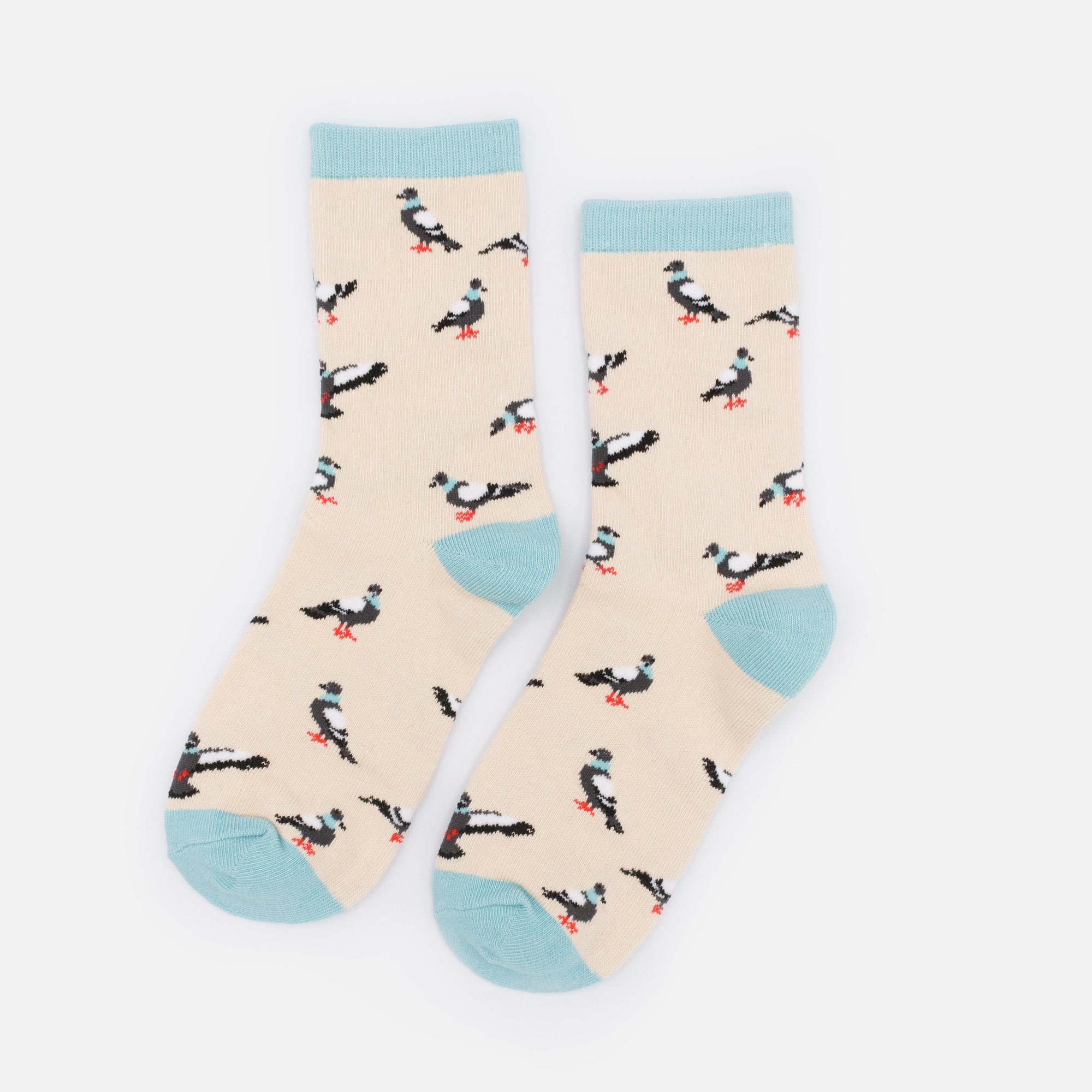 Bas beiges & turquoise avec pigeons