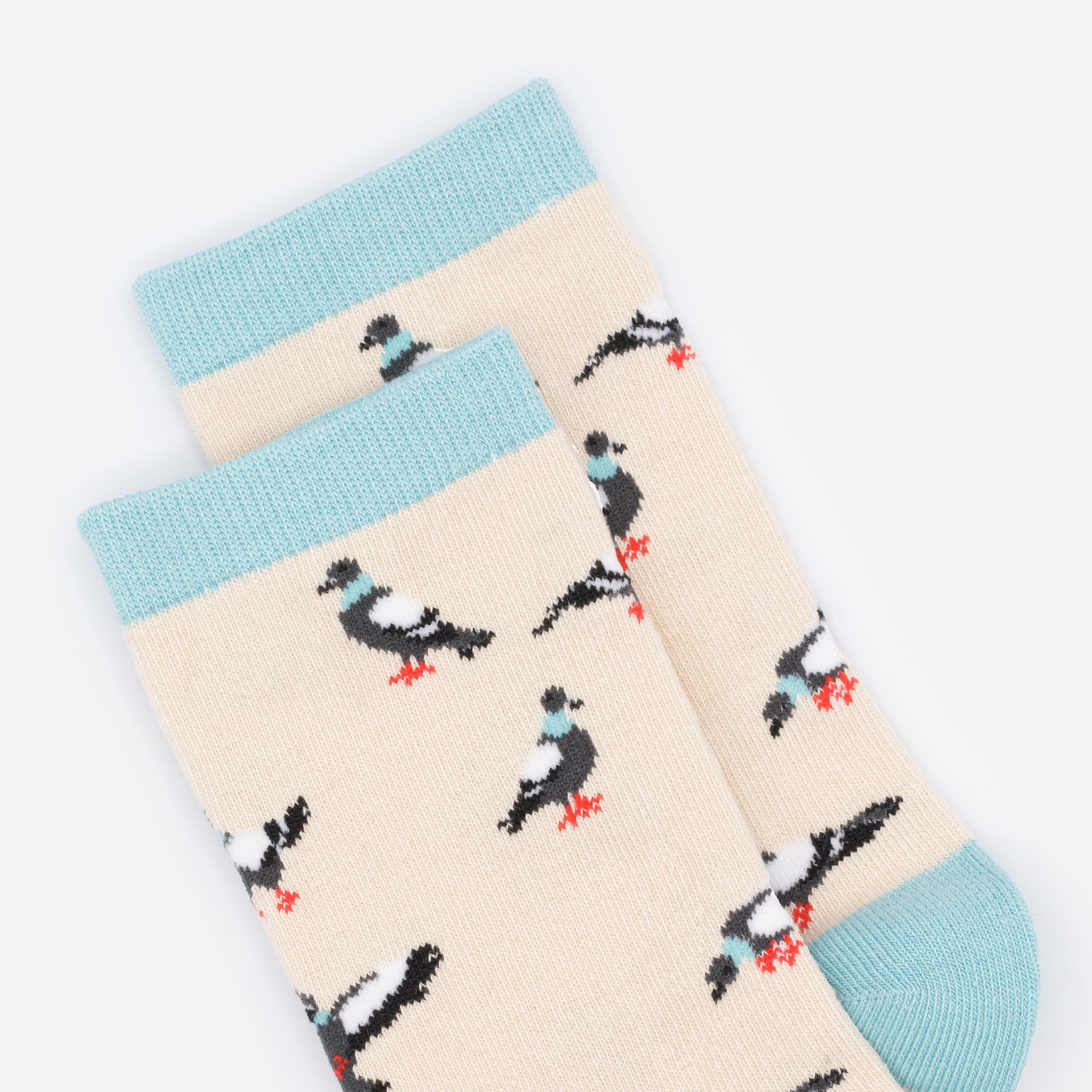 Bas beiges & turquoise avec pigeons