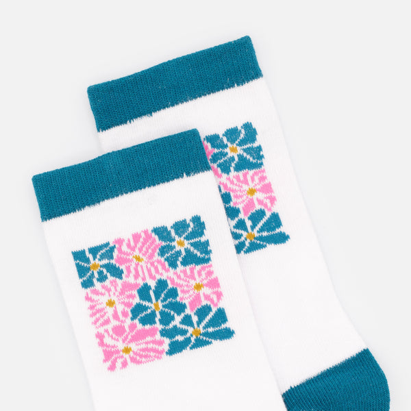 Charger l&#39;image dans la galerie, Bas blancs avec imprimé fleurs roses &amp; sarcelle
