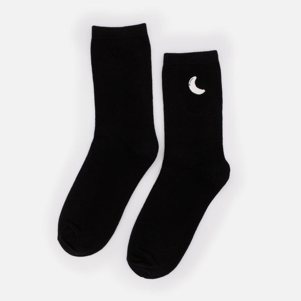 Load image into Gallery viewer, Black stockings with white crescent moon embroidery
