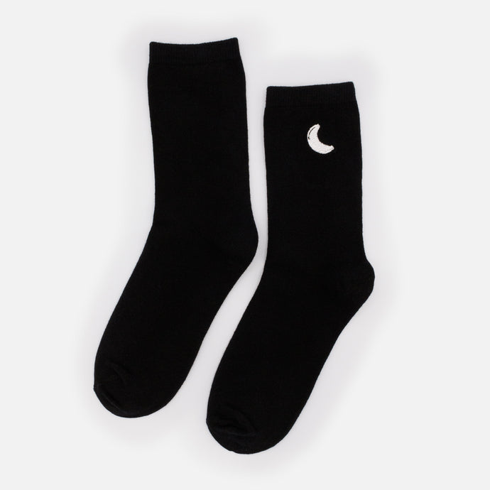Black stockings with white crescent moon embroidery
