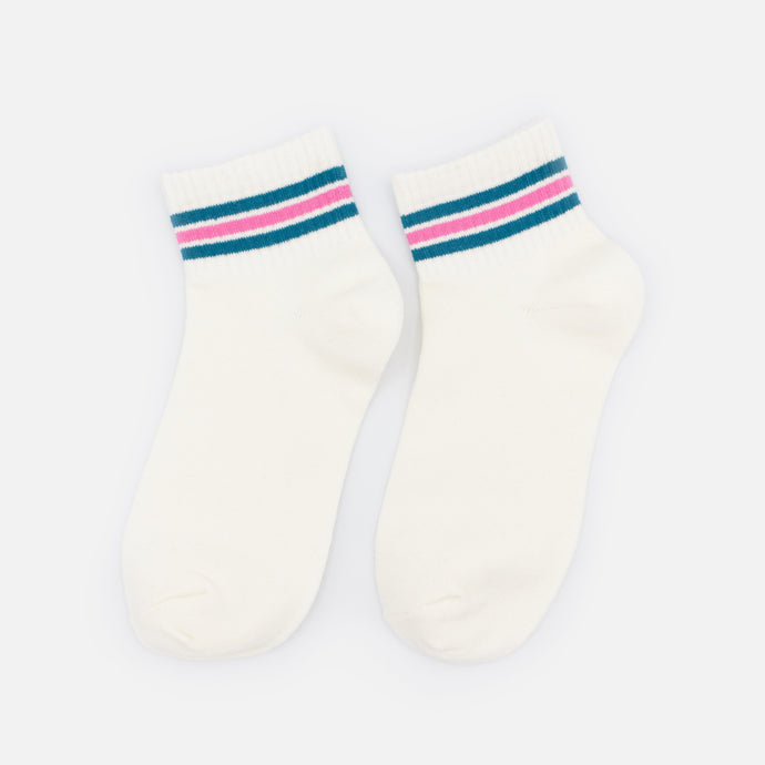 Bas cheville crème côtelés à rayures sarcelle & rose