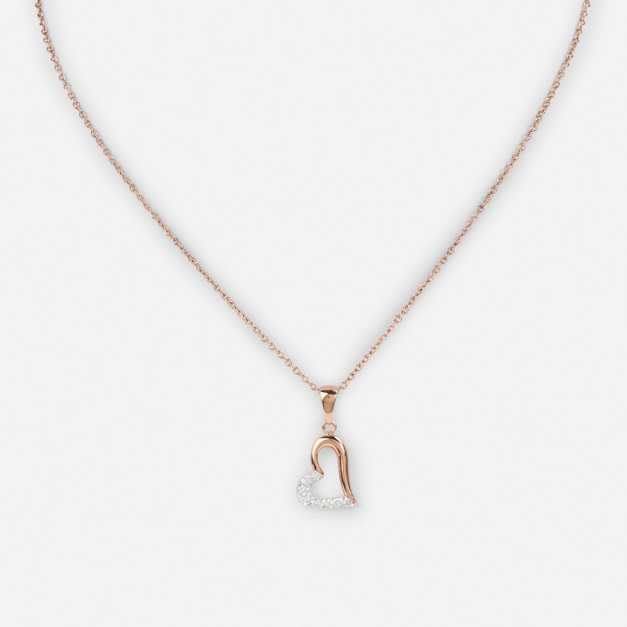 Rose gold asymmetrical heart necklace with half cubic zirconia in stainless steel