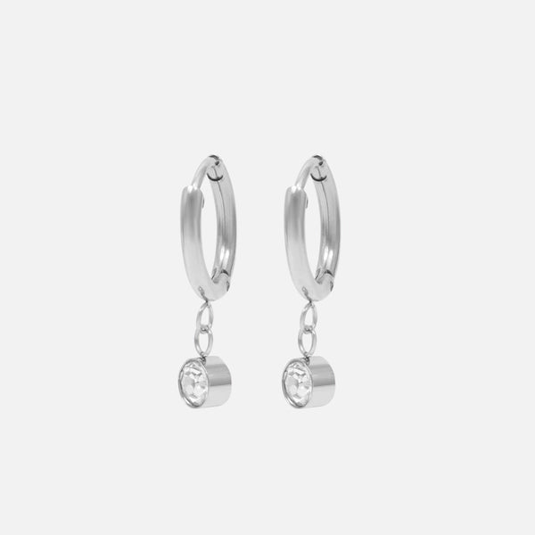 Charger l&#39;image dans la galerie, Boucles d&#39;oreilles huggies argentées breloque zircon cubique en acier inoxydable
