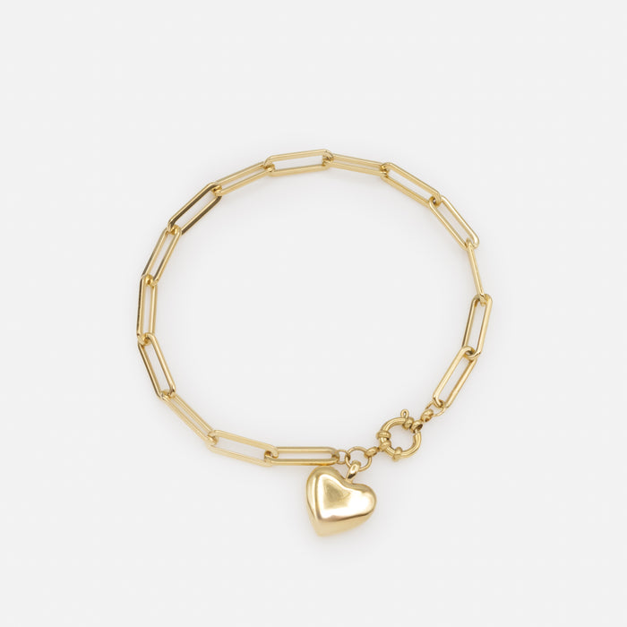 Bracelet doré à mailles trombone avec breloque coeur en acier inoxydable