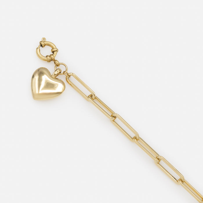 Bracelet doré à mailles trombone avec breloque coeur en acier inoxydable