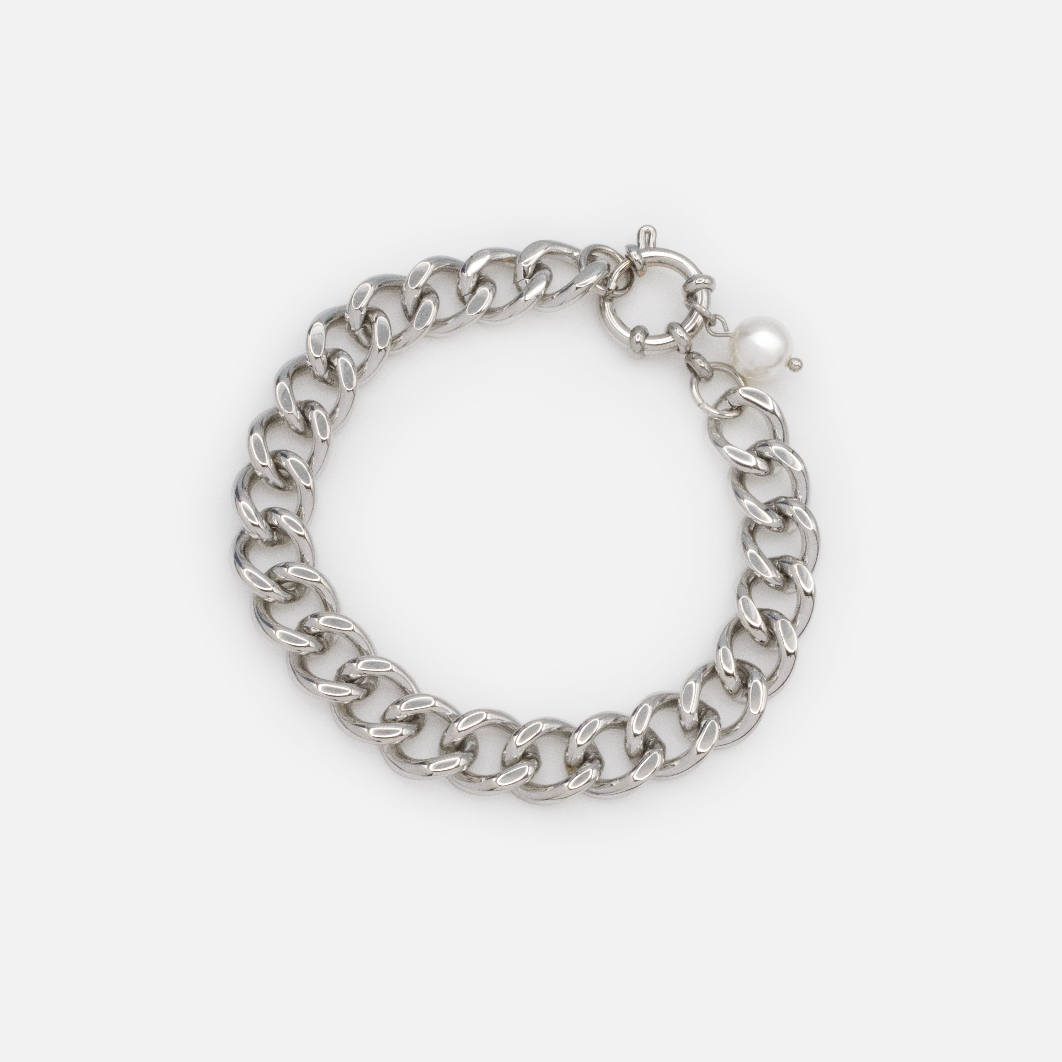Silver wide mesh bracelet with stainless steel pearl charm