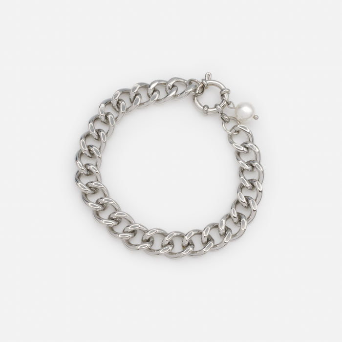 Bracelet argenté à larges mailles avec breloque perle en acier inoxydable