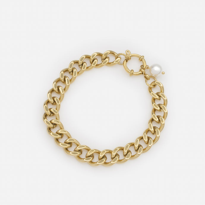 Bracelet doré à larges mailles avec breloque perle en acier inoxydable