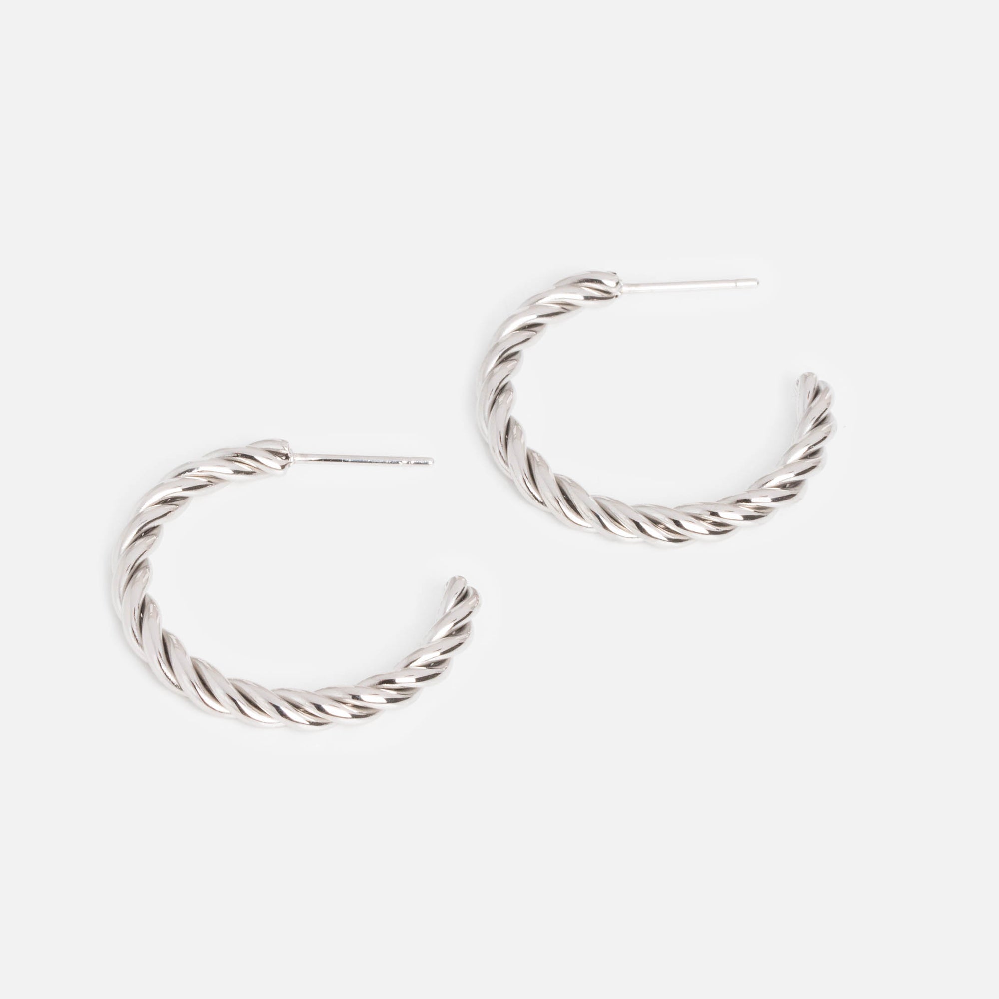 Silvered stainless steel twisted hoop earrings