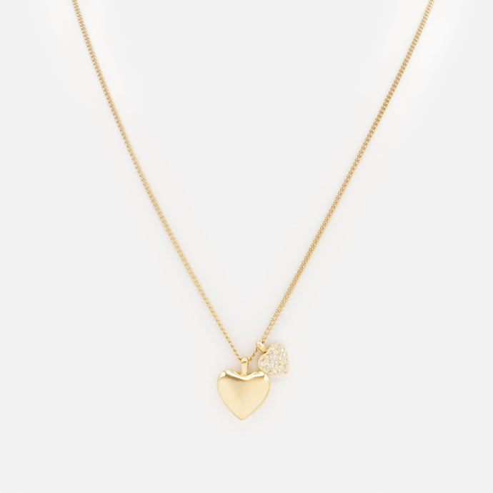 Gold-plated duo hearts necklace with cubic zirconia in stainless steel