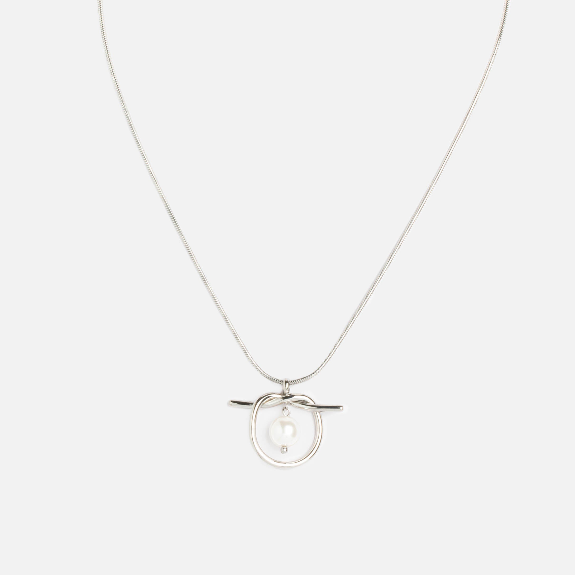 Collier noeud argenté et perle en acier inoxydable
