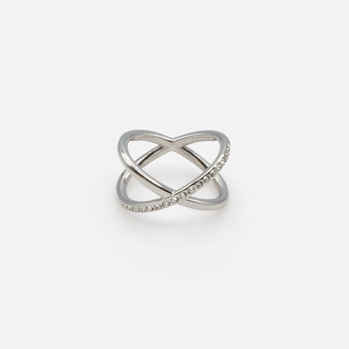 Silver "X" Ring with Cubic Zirconia in Stainless Steel