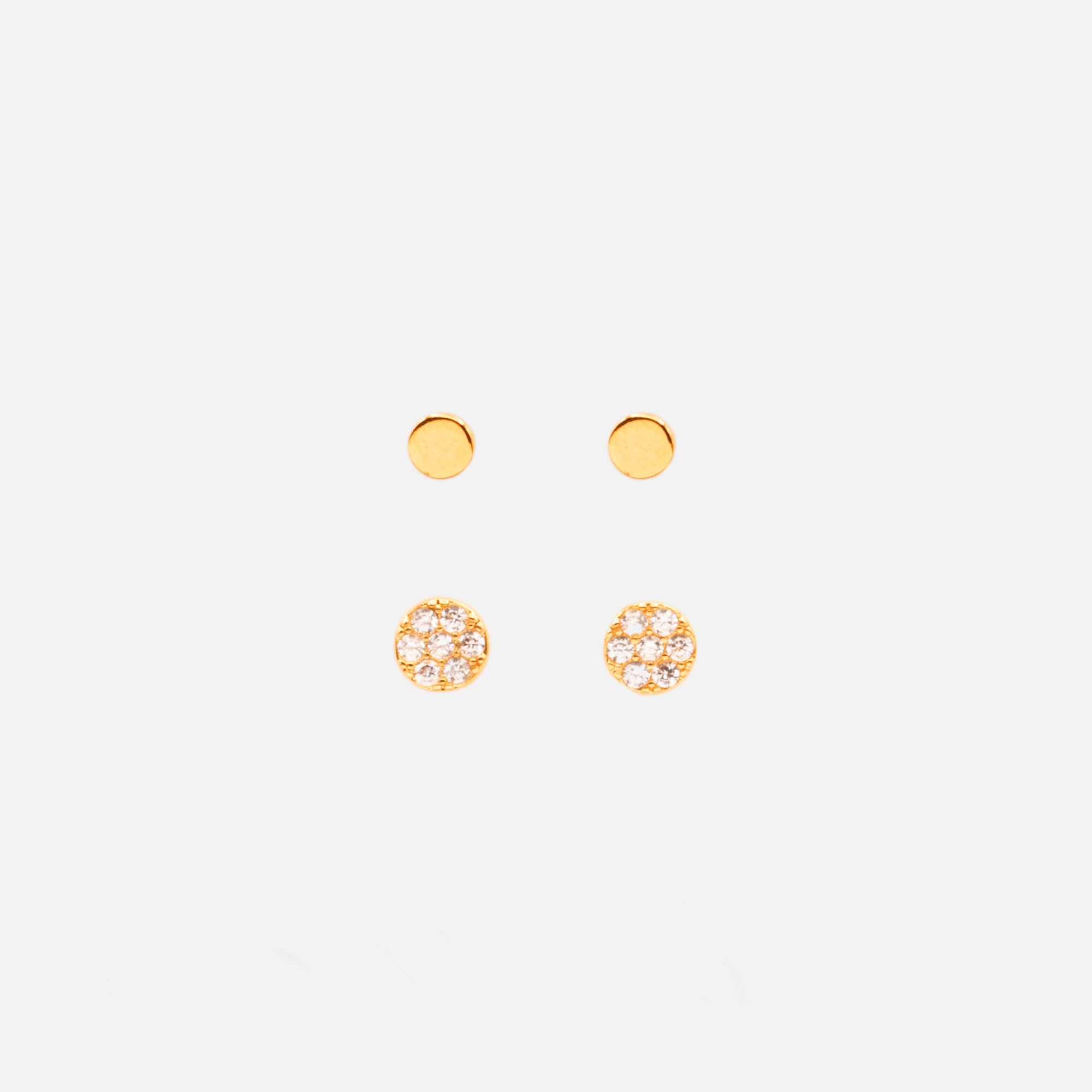 Set of small fixed round golden earrings with zircons in stainless steel