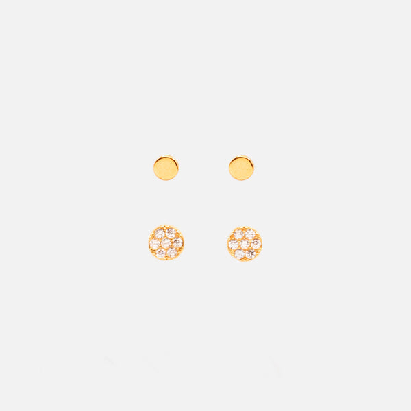 Load image into Gallery viewer, Set of small fixed round golden earrings with zircons in stainless steel
