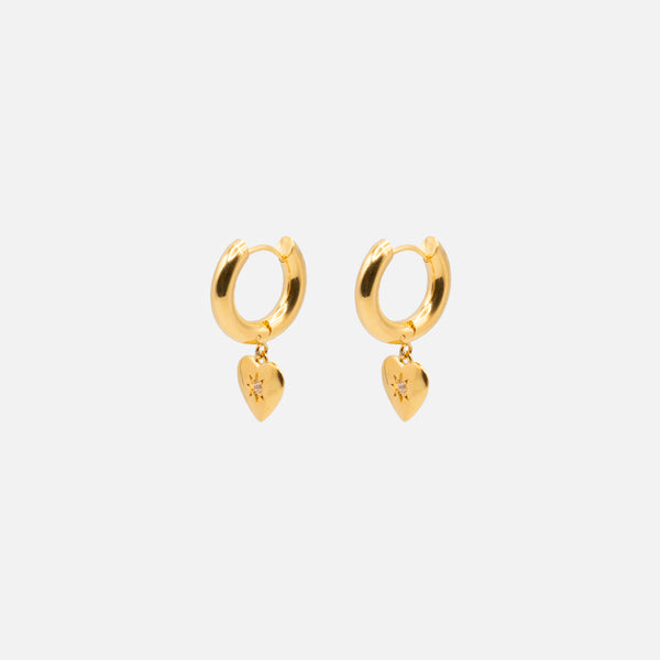 Load image into Gallery viewer, Thick golden hoop earrings 20 mm with heart and zircon charm in stainless steel
