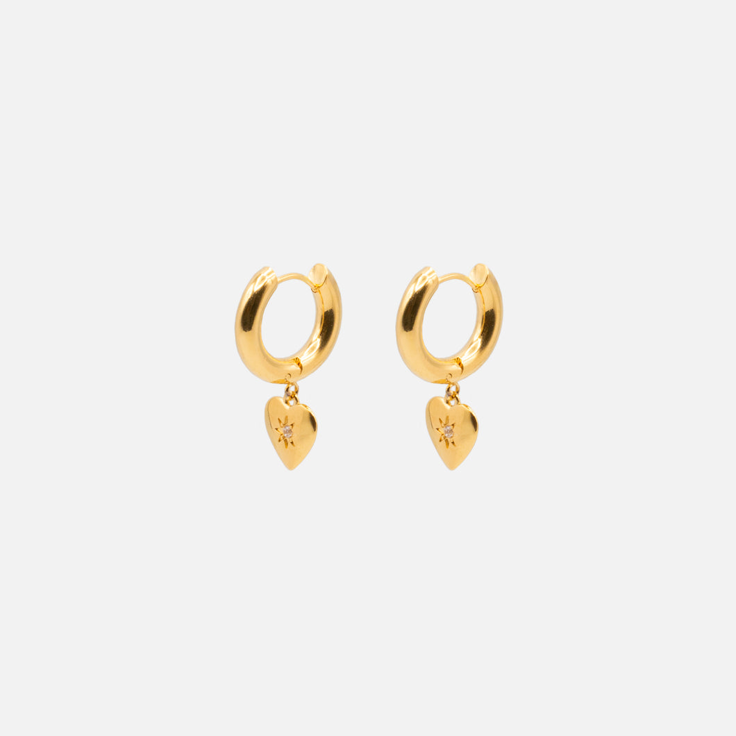 Thick golden hoop earrings 20 mm with heart and zircon charm in stainless steel