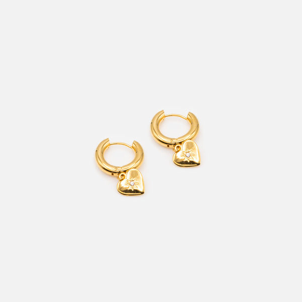 Load image into Gallery viewer, Thick golden hoop earrings 20 mm with heart and zircon charm in stainless steel
