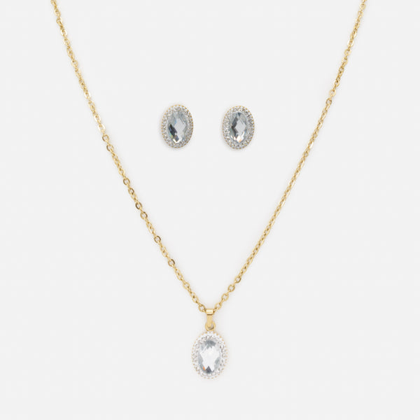 Load image into Gallery viewer, Gold Oval Necklace and Earrings Set with Cubic Zirconia in Stainless Steel
