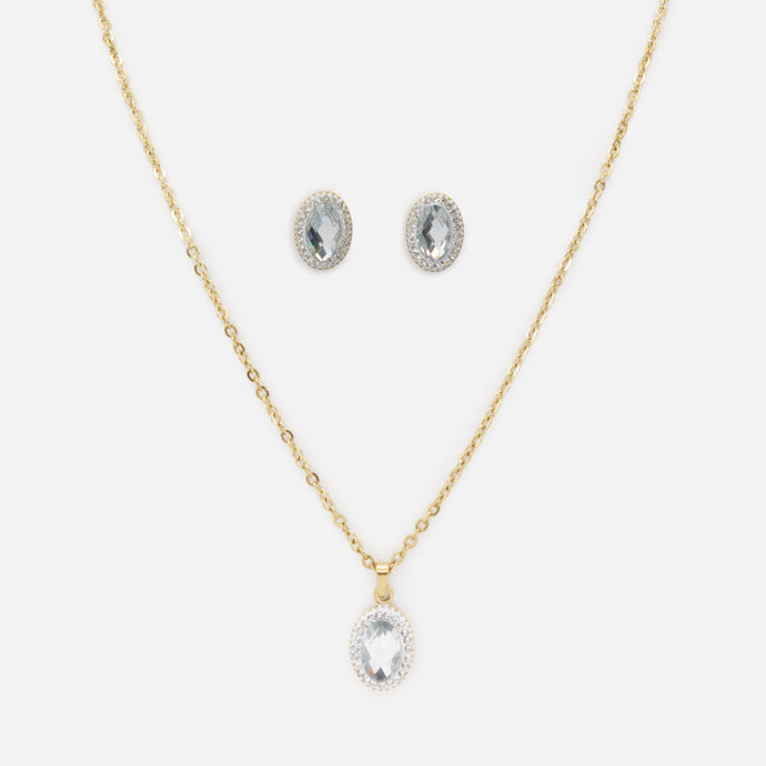 Gold Oval Necklace and Earrings Set with Cubic Zirconia in Stainless Steel