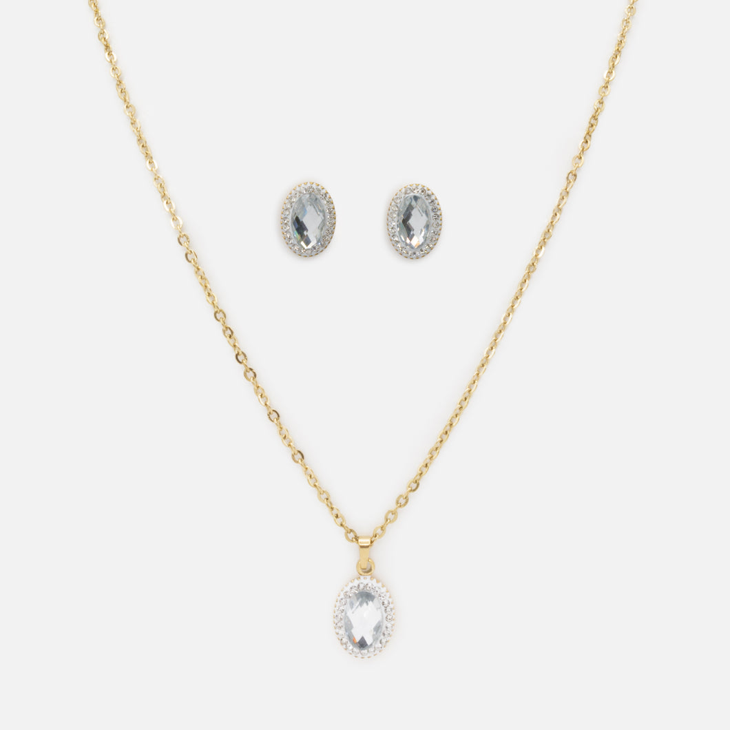 Gold Oval Necklace and Earrings Set with Cubic Zirconia in Stainless Steel