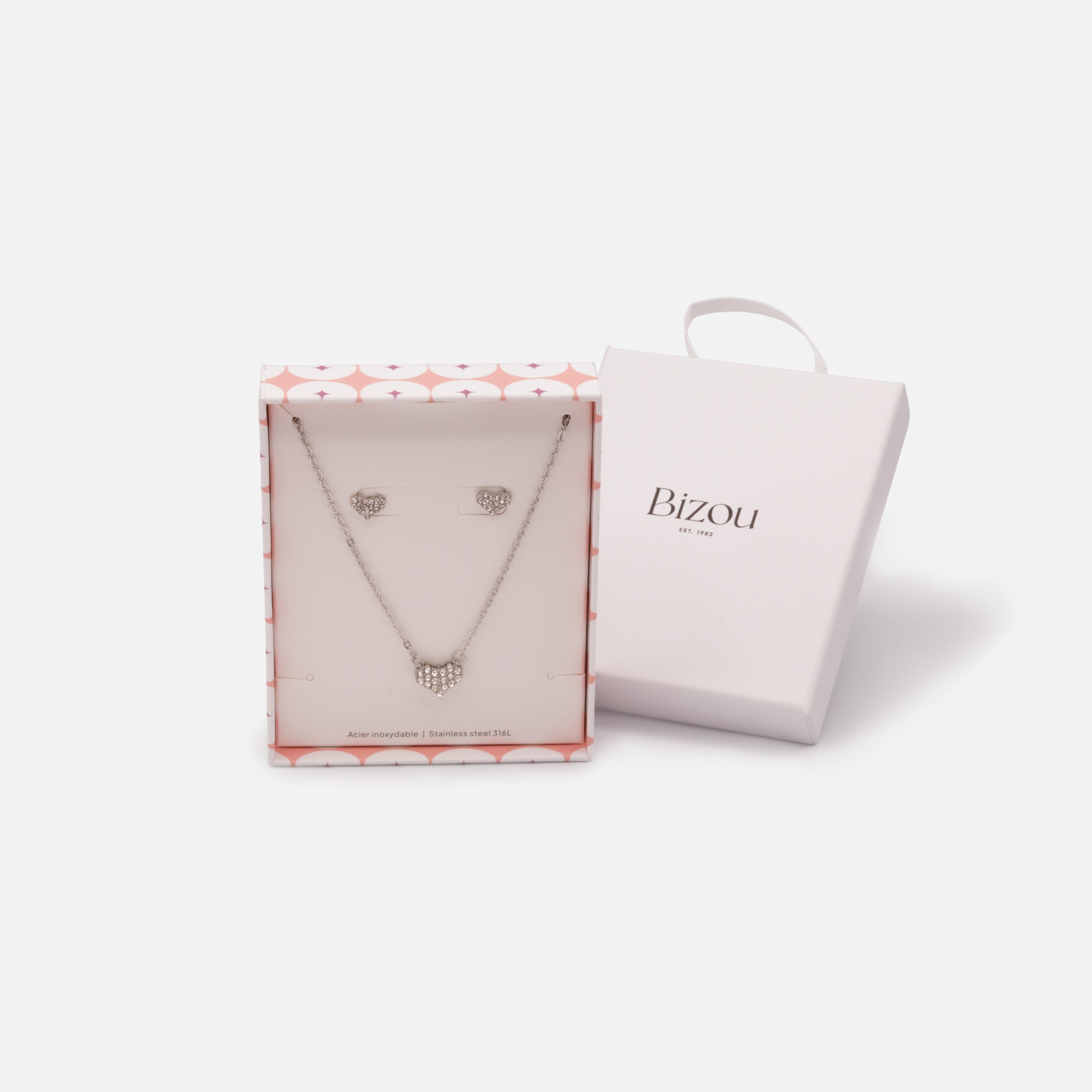 Ensemble collier et boucles d'oreilles coeurs argent avec zircons cubiques en acier inoxydable