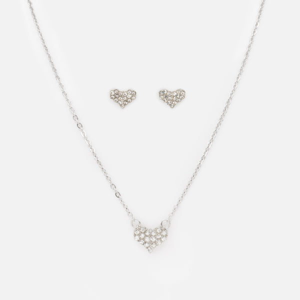 Load image into Gallery viewer, Silver heart necklace and earrings set with cubic zirconia in stainless steel
