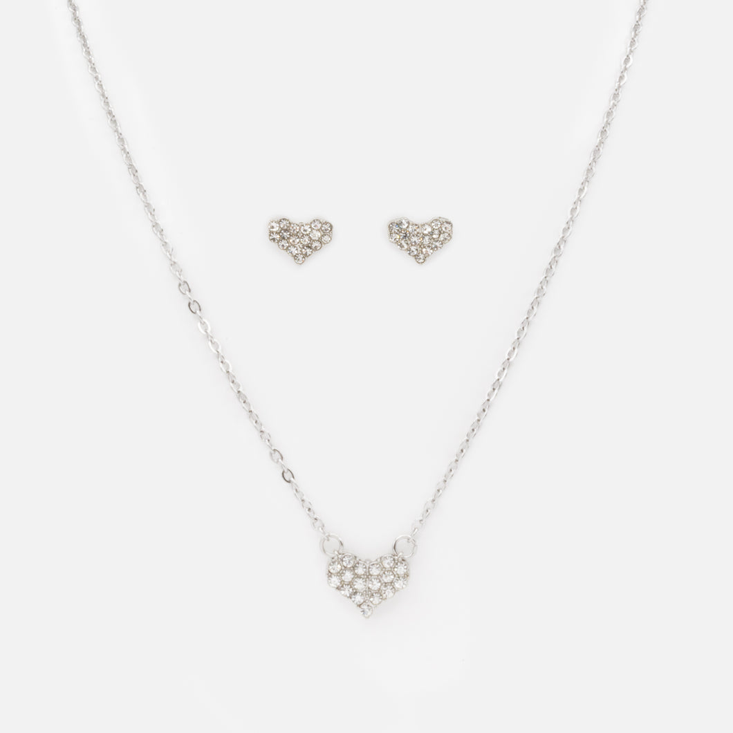 Silver heart necklace and earrings set with cubic zirconia in stainless steel