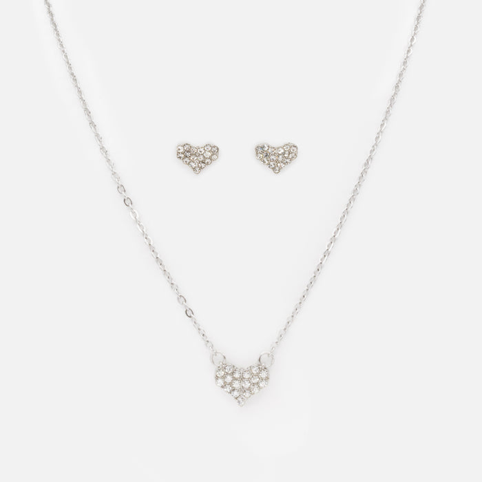 Ensemble collier et boucles d'oreilles coeurs argent avec zircons cubiques en acier inoxydable