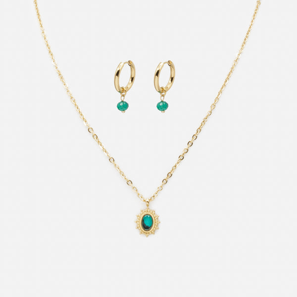 Load image into Gallery viewer, Gold ring necklace and earrings set with green stones in stainless steel
