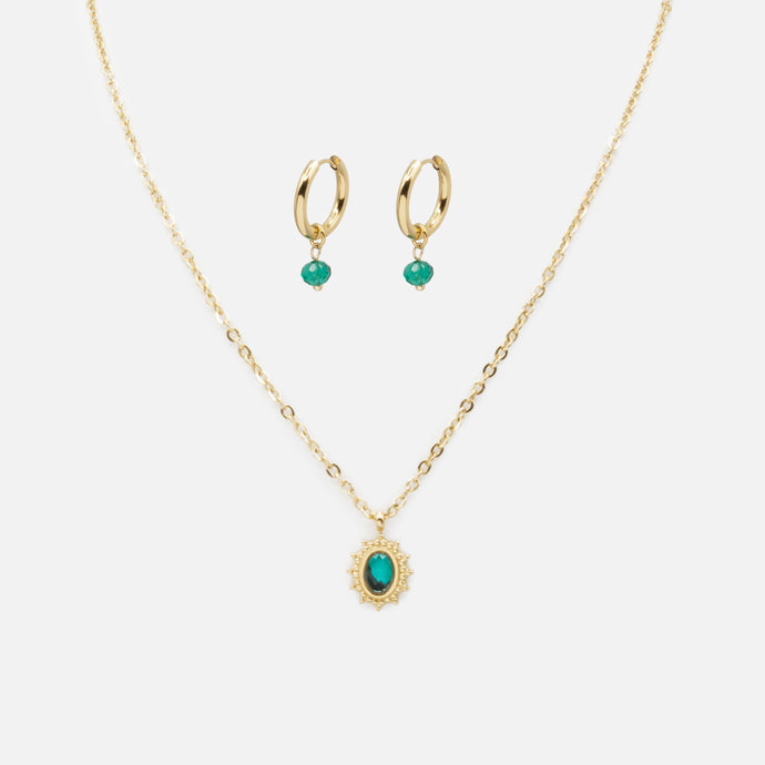 Ensemble collier et boucles d'oreilles anneaux dorés avec pierres vertes en acier inoxydable